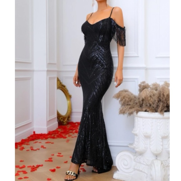 Luxe cold shoulder fringe hem party  wedding bridesmaid wedding mermaid dress - Picture 6 of 7